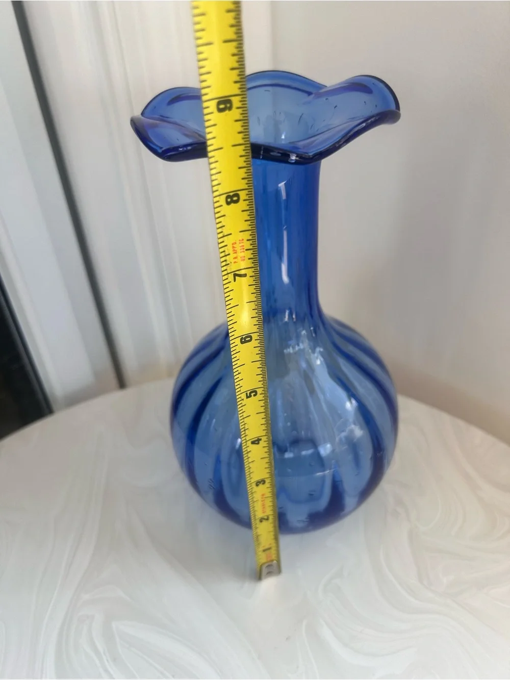 MCM European blue cobalt vase w ribbed & ruffled texture & pulegoso use